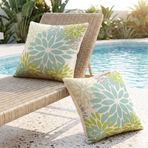 AVOIN colorlife Dahlia Flowers Aqua Waterproof Outdoor Throw Pillow Covers, 18 x 18 Inch Outdoor Summer Cushion Case Decoration for Patio Garden Porch Set of 2 - Image 2