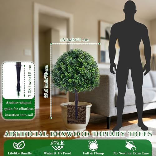 28 Inch Artificial Boxwood Trees, 2 Sets Faux Boxwood Topiary with Spikes, Pot Filler Fake Shrubs Plants for Outdoor Planters, Round Topiary Bush Balls Front Porch Home Garden Spring Decor - Image 6