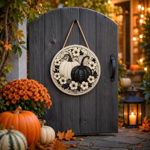 Fall Decor - Black and White Pumpkin Wreath Door Sign for Front Door - Image 7