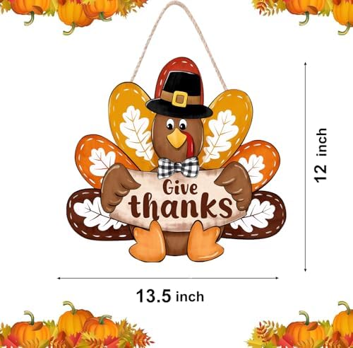 Thanksgiving Turkey Front Door Sign Fall Wooden Give Thanks Wreath - Image 3
