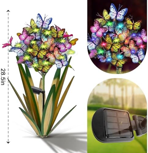 Homight Solar Metal Agave Butterfly Flower Stick Garden Sculpture Outdoor Gift Solar Garden Christmas Lights Swaying Butterfly Garden Lights Solar Outdoor (2 PCS Light Green) - Image 2