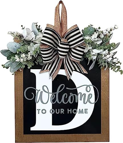 Last Name Year Round Front Door Wreath Front Porch Decoration 26 Letter Welcome Sign with Eucalyptus Garland and Bow Spring Wreaths for Front Door Outside Hanger Garland (D) by YICORIP