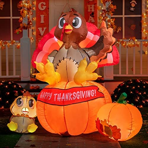 Joiedomi 6 ft Thanksgiving Inflatable Turkey on Pumpkin Decoration, LED Light Up Blow Up Turkey for Autumn Thanksgiving Family Party Décor, Halloween Inflatable for Yard Garden - Image 4