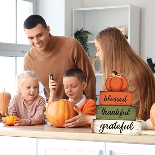 4 Pcs Fall Wooden Table Sign Fall Wooden Tiered Tray Decor Thankful Blessed Grateful Tabletop Signs Farmhouse Pumpkin Wood Blocks for Autumn Thanksgiving Harvest Home Kitchen Table Shelf Decor - Image 5