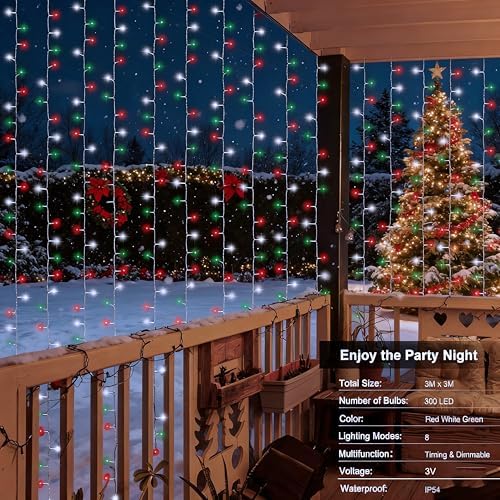 echosari Red White and Green Christmas Curtain Lights Battery Operated - Image 3