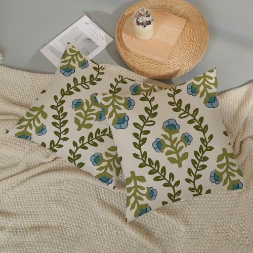 Sage Green Boho Pillow Covers 16x16 Inch 2 Pcs Blue Green Floral Leaves Decor Throw Pillows Vintage Flower Seasonal Spring Summer Outdoor Farmhouse Pillowcase Linen Cushion Cover for Couch Sofa - Image 5