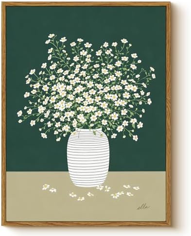 Vintage Framed Floral Wall Art 12x16 Inch, Minimalist White Daisy Flower in Vase Canvas Painting Print, Rustic Modern Green Botanical Artwork Living Room Bedroom Kitchen Bathroom Decor by WHASAYART
