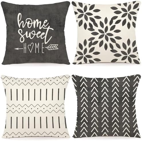 YCOLL Pillow Covers 16x16 Set of 4, Modern Sofa Throw Pillow Cover, Decorative Outdoor Linen Fabric Pillow Case for Couch Bed Car, Rustic Gray by PillowCoversExpert