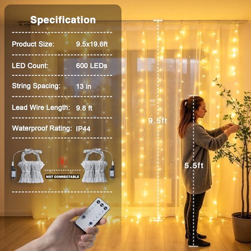 JMEXSUSS 600 LED Curtain Lights, String Lights for Bedroom,9.5ft x 19.6ft - Image 6