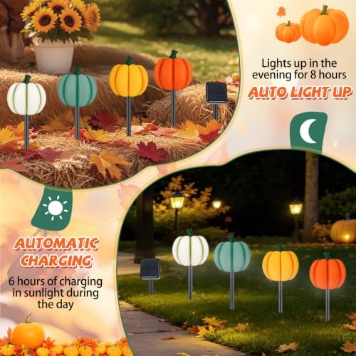 4-in-1 Pumpkin Solar Lights Outdoor Halloween Decorations Fall Stake Lights - Image 5