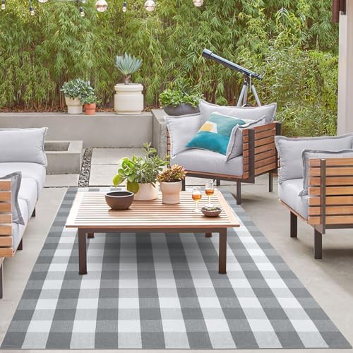 IOHOUZE 5x7 Buffalo Plaid Area Rug, Washable Indoor Outdoor, Grey White - Image 2