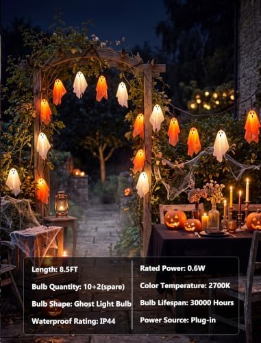 8.5FT 10 LED Halloween Orange and White Fabric Ghost String Lights Outdoor - Image 5