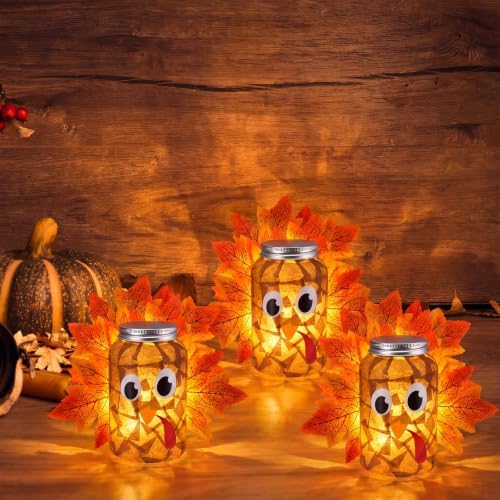Qinyoung 12 Pcs Thanksgiving Turkey Craft Mason Jars Tissue Paper Craft with LED Candle Light Make Your Own Turkey Mason Jars Decoration for Fall Harvest Thanksgiving Party Fun Home Actives - Image 6
