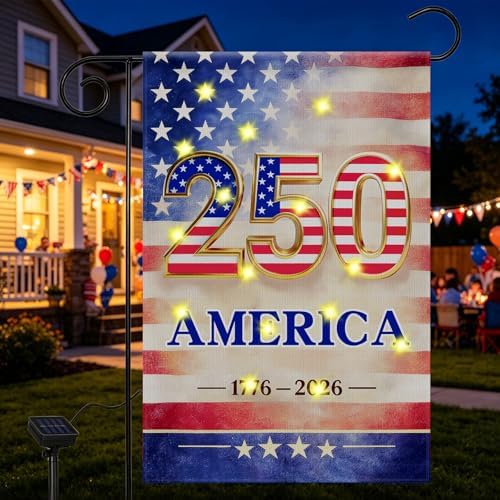 12 x 18 Inch 4th of July Garden Flag, Lighted 250th Anniversary Patriotic Yard Flag with Solar LED Lights, Double Sided Red White Blue Outdoor Decorations for Lawn Porch Garden by GCCL