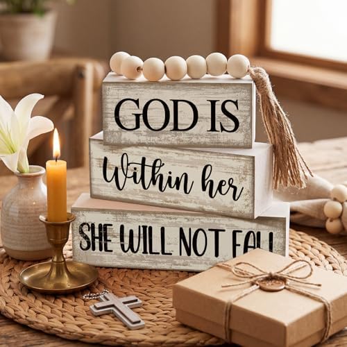Lineshading 4 Pcs Wooden Blocks God Is Within Her Farmhouse Decor - Image 4