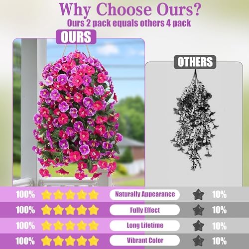 Artificial Fake Hanging Flowers Plants for Outdoor Outside Spring Summer Decoration 4PCS Faux Silk UV Resistant Realistic Morning Glory Trailing Vines for Home Porch Patio Balcony(Rose red & Magenta) - Image 4