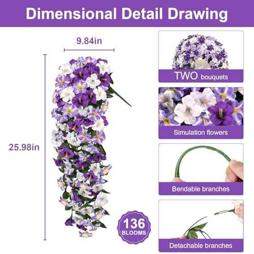 Artificial Hanging Flowers for Outdoors, 2 PCS 272 Blooms UV Resistant Morning Glory Faux Silk Vines, No-Odor Realistic Fake Plants for Garden Planter Porch Patio Decoration, White Purple - Image 4