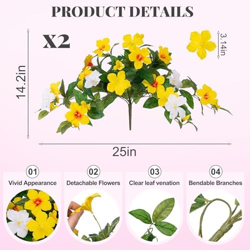 INXUGAO Artificial Hanging Faux Flowers for Outdoors Planters 2PCS Fake Flowers Silk Hibiscus Flowers for Outside Outdoor Faux Hanging Plants UV Resistant Spring Home Front Porch Decoration - Image 2