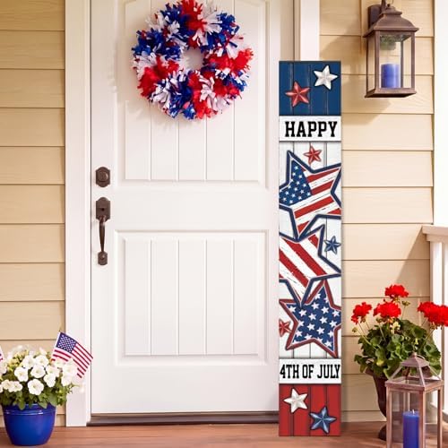 Threehoney 47" Large 4th of July Front Porch Sign Patriotic Wooden Vertical Door Sign with American Flag Colors Red White Blue Outdoor Decor for Independence Day 250th Anniversary Home Entryway by Threehoney