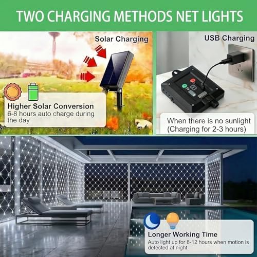 Pooqla Solar Net Lights, 10x10ft 280LED Gazebo Net Lights Outdoor with 8 Modes, Solar & USB Powered Waterproof String Lights Clear Wire, Chandelier for Pergolas, Patio, Bush, Backyard Decor Cool White - Image 3