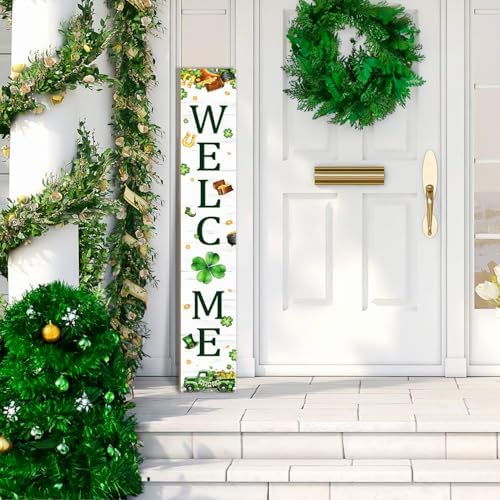 St. Patrick's Day Porch Sign Saint Patrick Wooden Welcome Sign For Front Door Shamrock Clover Home Decoration Vertical Sign For Patio Porch Standing Yard Sign for Indoor Outdoor Garden Wall - Image 2
