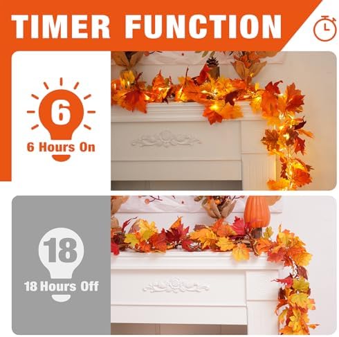 KASZOO 2 Pack Fall Maple Garland with 40 LED String Light- 5.8ft/Piece Artificial Fall Foliage Garland Autumn Decor for Home Wedding Party - Image 5