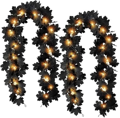2 Pcs Black Leaf Garland with Yellow Lights, 11.8FT by KVCSYAW