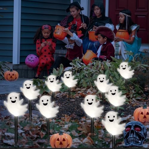 BRIGHTDECK Halloween Solar Pathway Lights Outdoor, LED Decor, Light Up Solar Stake Lights for Holiday, Halloween, Walkway, Sidewalk (Cold White Floating Ghost, 10-Pack) - Image 7