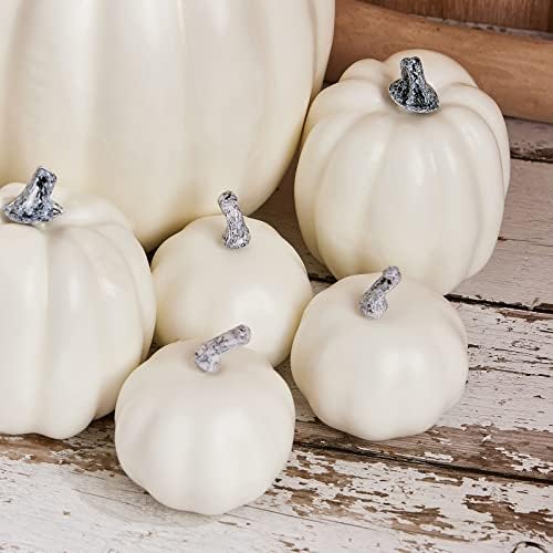 7Pcs Artificial Pumpkins of all Styles Halloween Decoration Rural Style Farmhouse Foam Pumpkin Harvest Season Thanksgiving Day is Suitable for Table top House Dining Table Party Decoration (White) - Image 6