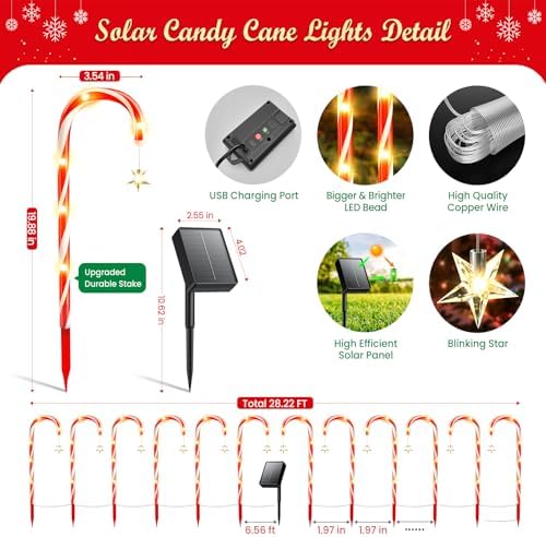 BUCASA 24 Pack Christmas Decorations Outdoor Solar Candy Cane Lights, Solar Pathway Lights with USB Charge, 10 Modes 144 LEDs Waterproof Outdoor Christmas Decorations for Yard Garden Pathway - Image 4
