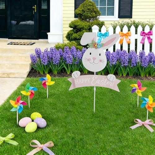 Easter Decorations Outdoor Metal Bunny Decorative Garden Stakes Happy Easter Decor Outdoor 3D Spring Yard Decor Farmhouse Rabbit for Home Outside Lawn Front Porch Happy Easter Yard Sign - Image 3