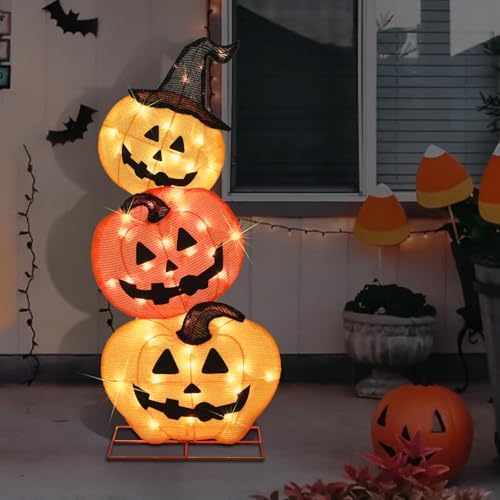 Halloween Lighted Stacked Pumpkins Decoration, Pre-Lit with 50 Warm White Lights Jack-O-Lantern Pumpkins Lights, Halloween Light Up Pumpkin for Indoor, Outdoor, Porch, Yard, 39’’ H - Image 7