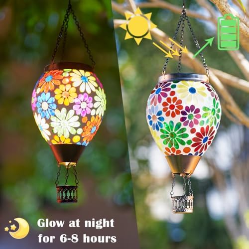 Starsoul Mosaic Flowers Hot Air Balloon Solar Lantern Glass Outdoor Hanging Hot Air Balloon Solar Flickering Flame Light Waterproof Garden Patio Yard Party Decorations Gifts for Women - Image 4