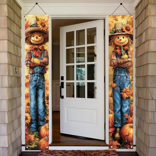 2PCS Fall Porch Sign Scarecrow Porch Banner Autumn Harvest Door Decoration Thanksgiving Front Door Decor Rustic Farmhouse Vertical Outdoor Hanging Banner for Porch Entryway 71 x 12 Inch - Image 6