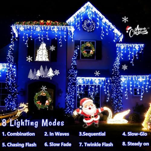 YEGUO 66ft 800 LED Blue Icicle Lights Outdoor Waterproof, 160 Drops Icicle String Light Connectable, 8 Modes Icicle Christmas Lights with Memory Timer - Image 4