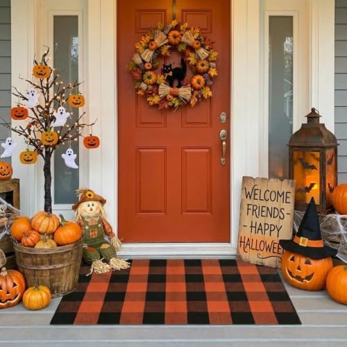 SEEKSEE Halloween Decor Buffalo Plaid Outdoor Rug 27.5x43 Orange and Black Front Door Mat, Layering Rug for Porch, Halloween Doormat, Front Porch Rug for Outdoor Entrance Entryway Patio Porch Decor by SEEKSEE