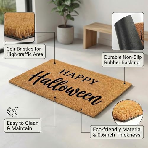 SEEKSEE Happy Halloween Decor Doormat Set, Thick Coco Coir Door Mat + Black and White Buffalo Plaid Rug, Outdoor Layered Mat for Front Door Non-Slip Backing Floor Mat for Porch - Image 5