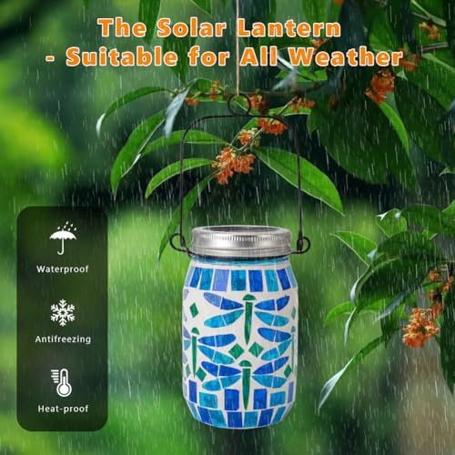 Starsoul 4 Pack Solar Hanging Lanterns Outdoor Waterproof, Mosaic Dragonfly Decor Glass Solar Outdoor Lights, Decorative Solar Lantern for Outside Pathway Patio Porch Yard Decor - Image 3