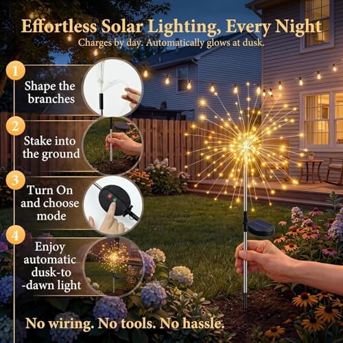 Solar Firework Lights, 6 Pack 120 LEDs 8 Lighting Modes Solar Fairy Garden Lights Outdoor Waterproof for Yard Patio Walkway Pathway Party Wedding Balcony Decorative- Warm White - Image 6