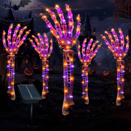 Solar Halloween Decorations,5 Pack Skeleton Hands Halloween Pathway Lights - Waterproof LED Stakes with 250 Purple &Orange Lights, 8 Modes - Scary Outdoor Yard Solar Powered Haunted Decorations by Zhaoray