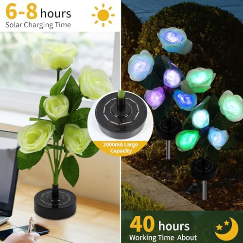 Solar Garden Lights Outdoor - Solar Flowers Lights Outdoor Decorative Waterproof, 40 Hour Coloring Changing White Rose Yard Pathway Light Solar Powered, Cemetery Decoration, Backyard Decor, 4pcs - Image 2