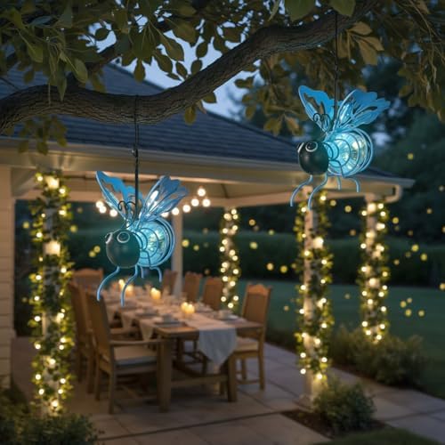 Solar Powered Hanging Bee Light Waterproof Solar-Powered Insect Ornament Suitable for Courtyards, Trees, Porches, and Terraces 2-Pack Blue - Image 3