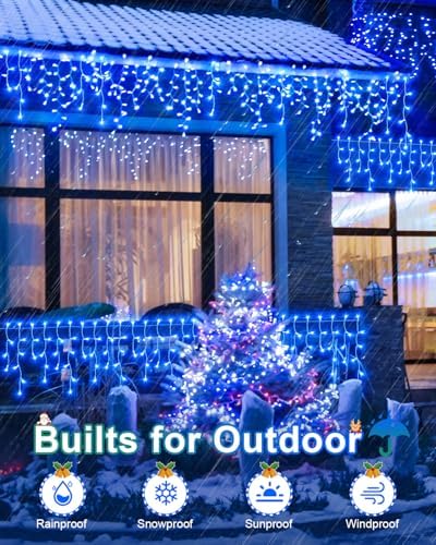 159 FT Blue Christmas Lights Outdoor, 1458 LED Waterproof Outside Christmas Lights Plug in, Timer & Memory, 8 Modes Fairy Lights with 324 Drops for House Eaves Yard Patio Wedding Decorations - Image 4