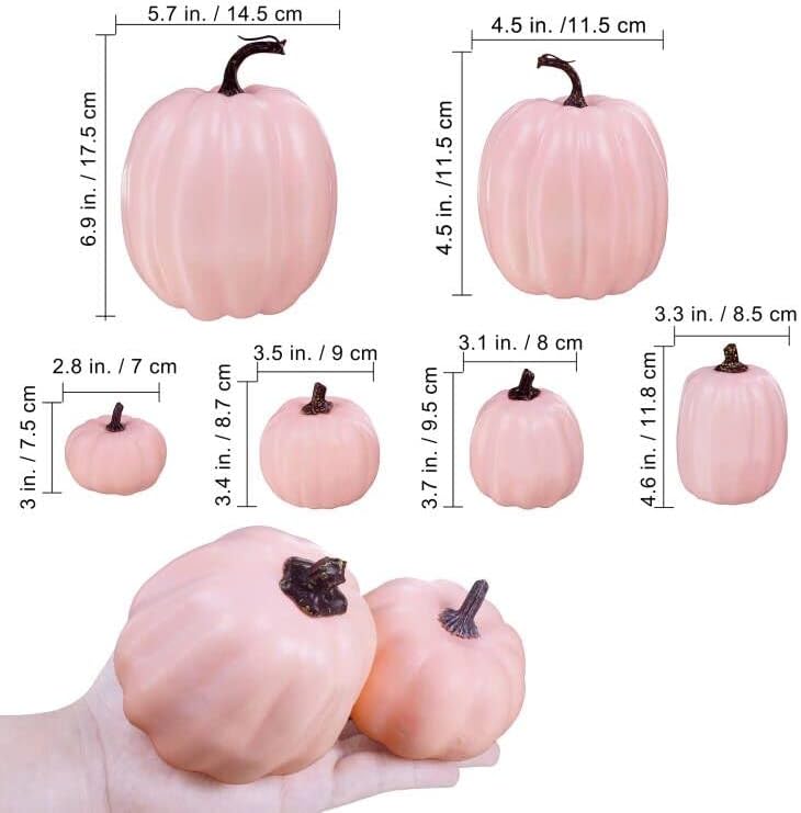 Winlyn 7 Pcs Assorted Sizes Fall Artificial Peach Pink Pumpkins Harvest Faux Foam Light Pink Pumpkins for Fall Autumn Season Halloween Thanksgiving Harvest Festive Tabletop Decoration - Image 2