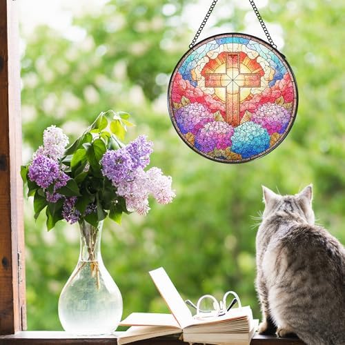 Cross Hydrangea Flower Stained Glass Window Hanging Suncatcher, Christian Cross Sun Catcher Indoor Window Decor, Christian Gifts Painted Glass Round Wall Hanging Decorations, 7.8x7.8 in - Image 2