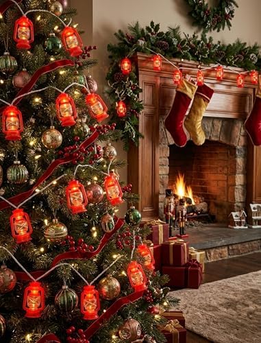 LED Kerosene String Lights, 8.5Ft Outdoor Lantern String Lights with 10 Red Oil Lights, Connectable Vintage Fairy Decorative for Christmas Lights Patio Bedroom Camping Wedding Garden Holiday - Image 4