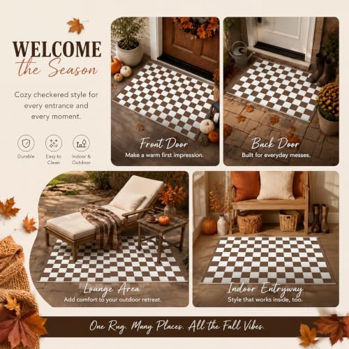 Duraaamo Brown and White Checkered Rug 2' x 3' for Fall Outdoor Decor - Image 5
