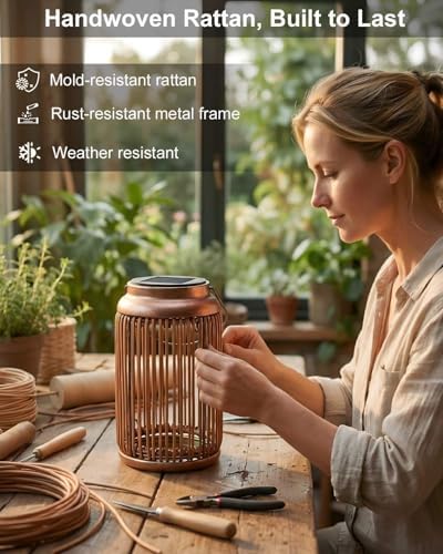 Solar Lanterns Outdoor Waterproof, 2 Pack Hanging Rattan Solar Lights - Image 2