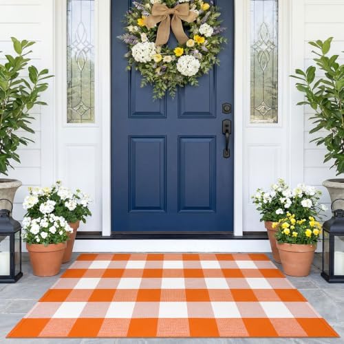 KOZYFLY Buffalo Plaid Rugs 2.3x3.6 ft Halloween Orange White Front Door Mat by KOZYFLY