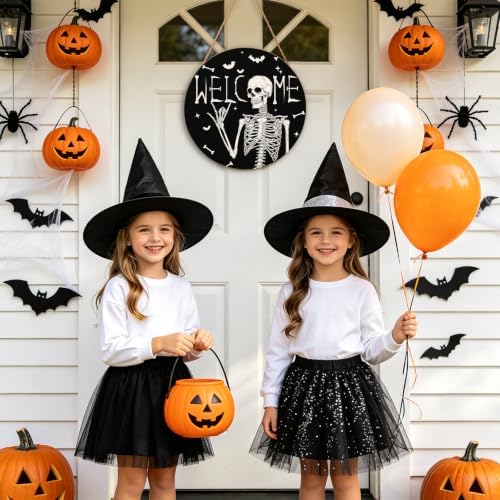 Halloween Skull Welcome Door Sign 12x12 Inch Halloween Wreaths for Front Door Spooky Skeleton Welcome Sign Rustic Wooden Holiday Decor for Front Porch Window Wall Farmhouse Indoor Outdoor - Image 6